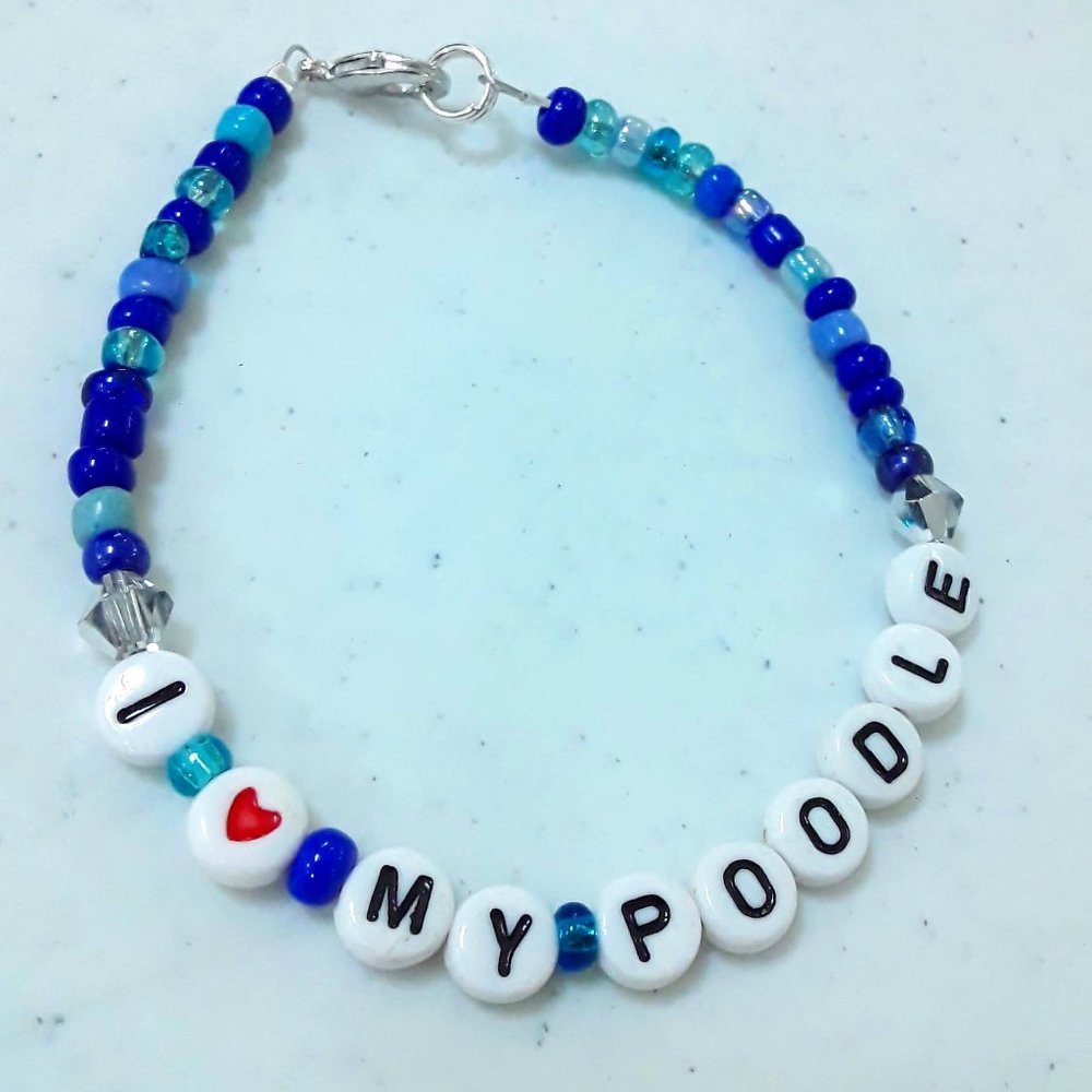 I love My Poodle Handmade Bracelet in Blue Beads